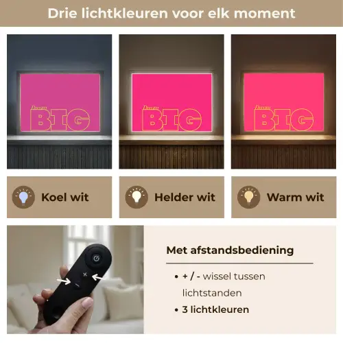 Minimalistisch - Roze - Dream big - Grafisch Light Box met batterij (Wandlamp) middel -USP_lichtkleurNL