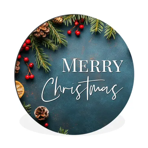 Merry Christmas - Blauw - Kerst - Winter Wandcirkel aluminium klein -3d