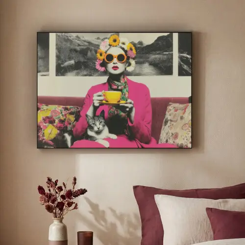 Vrouw - Kat - Bloemen - Kopje - Retro Textielframe zwart klein -sfeer1