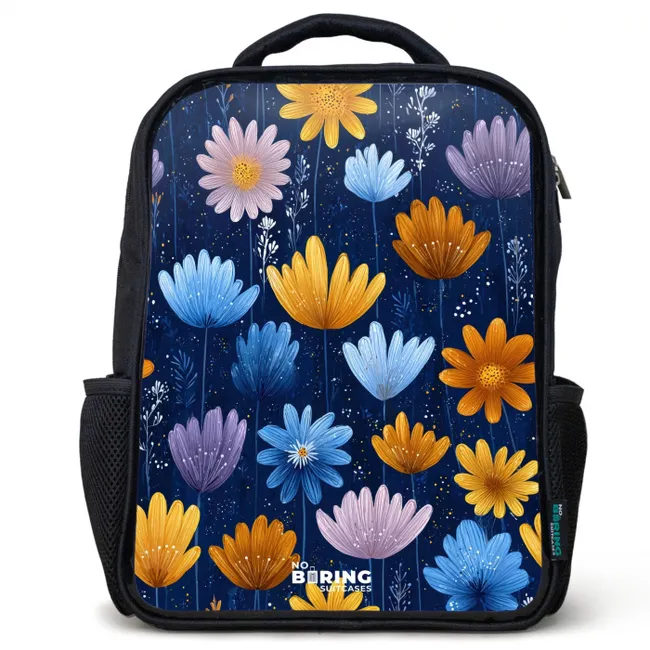 Kids' Backpacks Black -. Flowers on a dark blue background