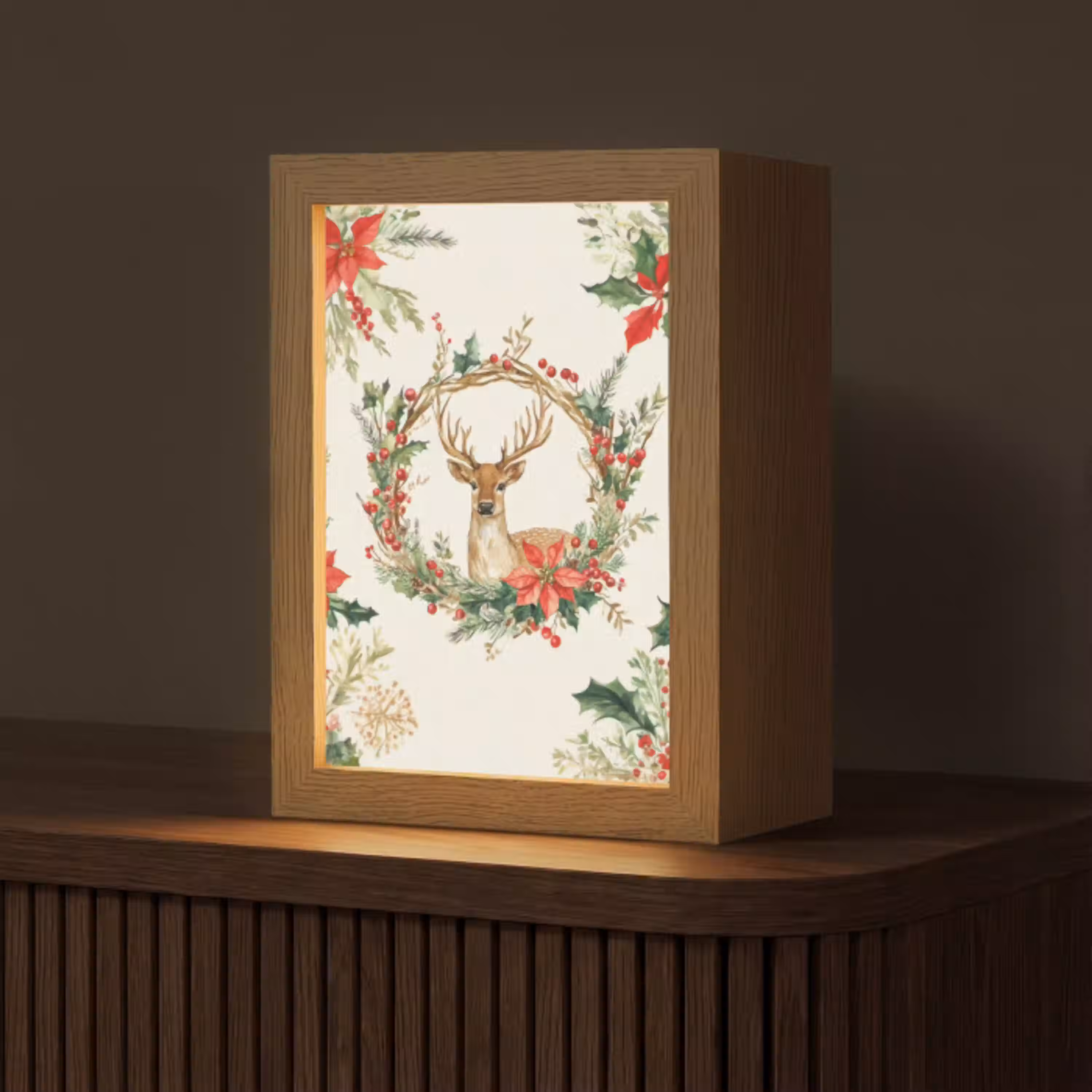 Kerstkrans - Hert - Hulst - Rood Light Box met kabel (Tafellamp) klein -z3d_website