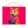 Kat - Kimono - Bloemen - Roze textielposter latten blank klein -3d