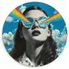 Vrouw - Bril - Regenboog - Wolken Wandcirkel kunststof plaat 5mm dik klein -3d