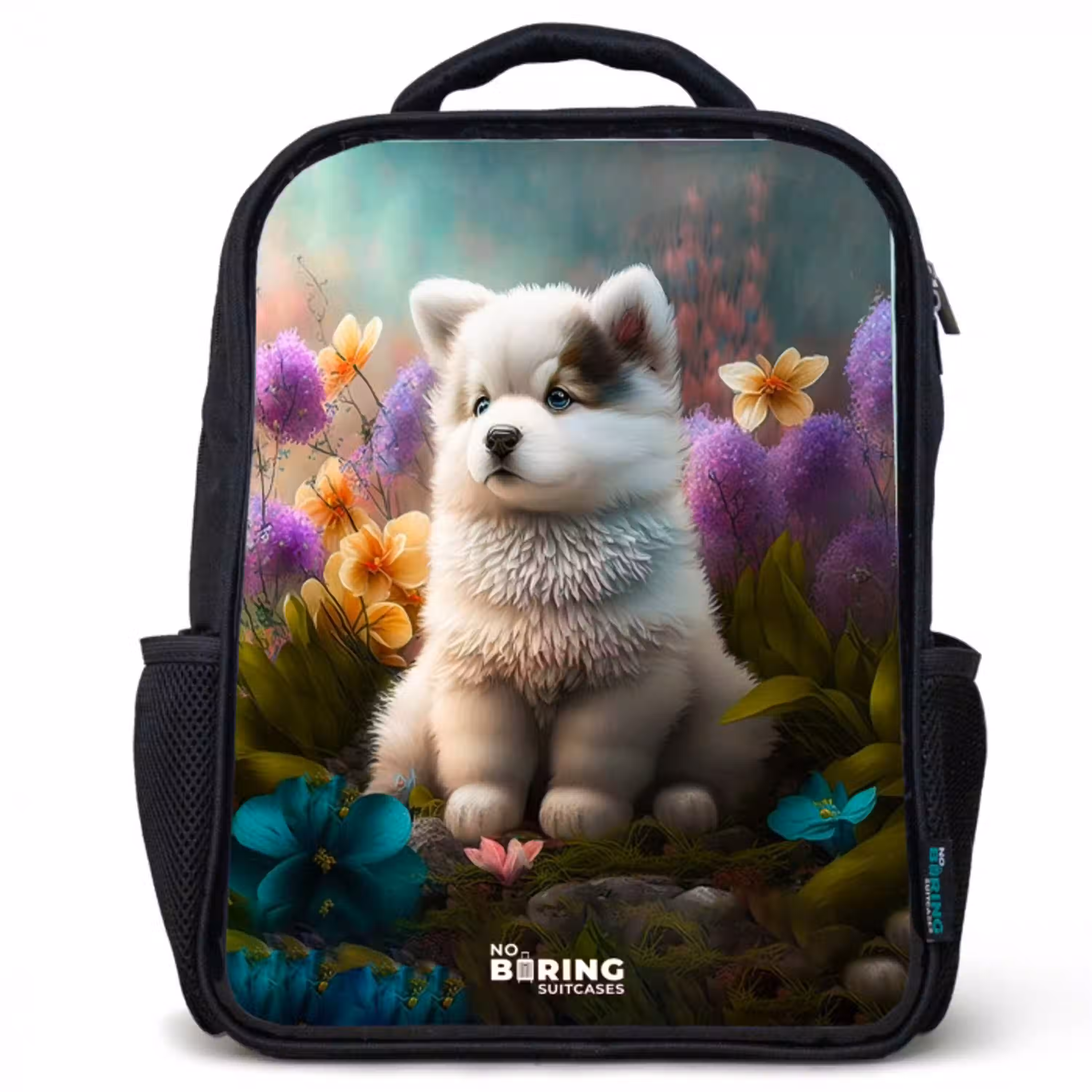 Witte puppy in een bloemenweide Rugzak - Zwart middel -3d