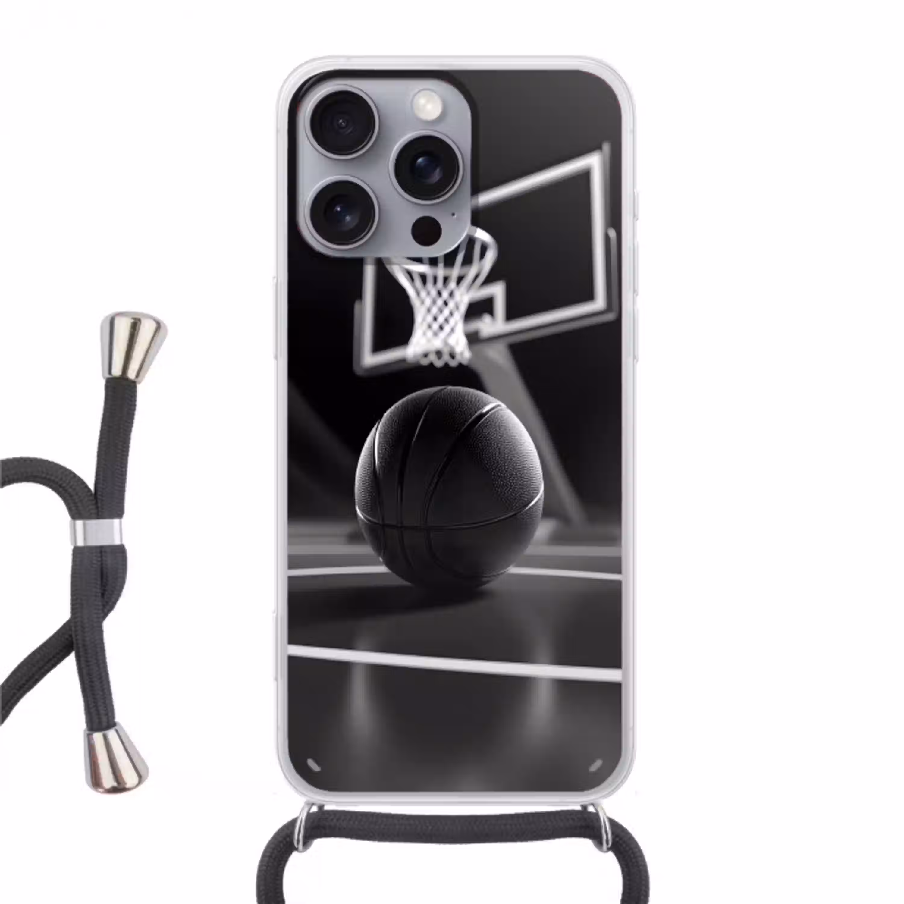 Basketbal - Basketbalveld - Lichtlijnen Hoesje iPhone 16 Pro Max met koord klein -3d