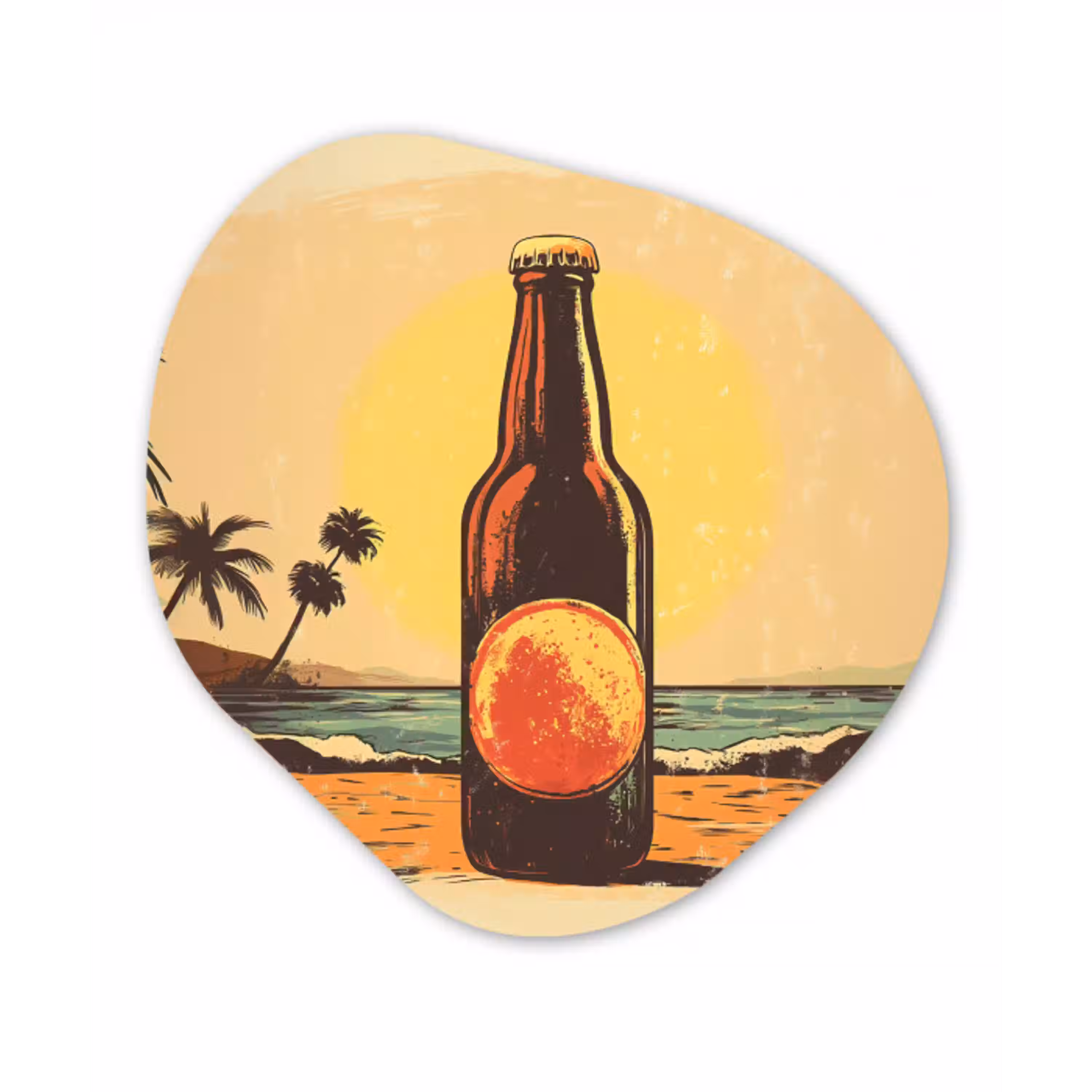Bierfles - Zonsondergang - Palmbomen - Zee Wandcirkel Organisch Plexiglas middel -3d