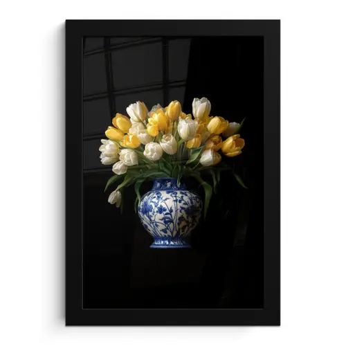 Geel - Tulpen - Vaas - Bloemen fotolijst zwart zonder passe partout klein -3d