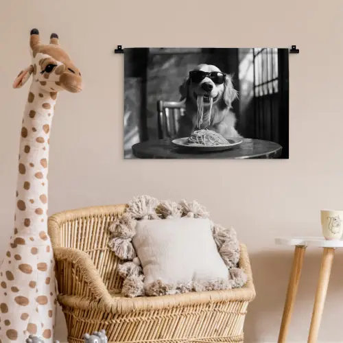 Golden Retriever - Hond - Vrolijk -  Bord spaghetti - Zwart - wit Wandkleed katoen klein -wsfeer5_kind