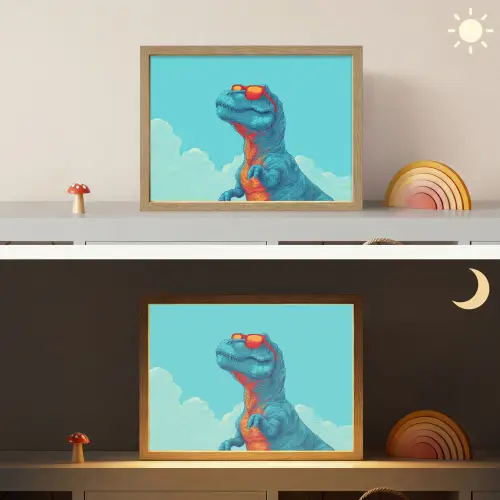 T-Rex - Blauw - Wolken - Zonnebril Light Box met batterij (Wandlamp kind) middel -sfeer3_kind