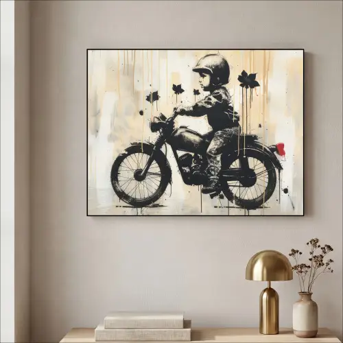 Street art - Motor - Jongen - Graffiti - Banksy Style Textielframe zwart klein -sfeer2