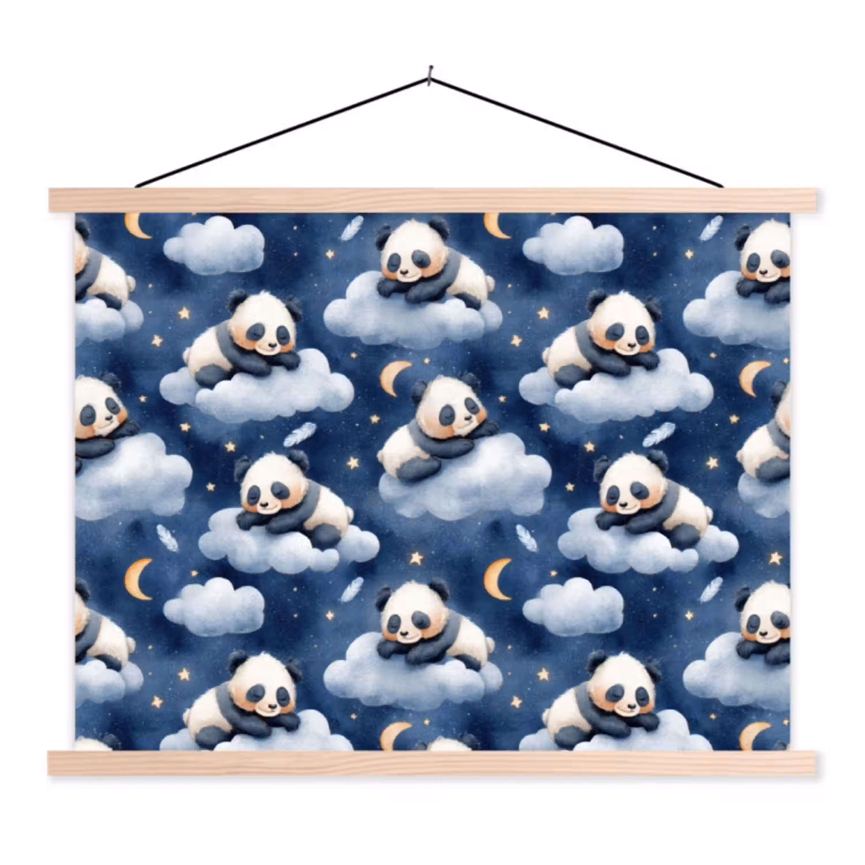 Panda's - Slapen - Blauw textielposter latten blank klein 122 -3d