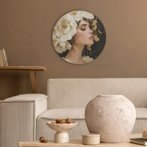 Abstract - Vrouw - Bloemen - Wit Akoestische PET Vilt - Rond klein -sfeer1
