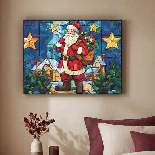 Kerstman - Glas - Kleurrijk Textielframe zwart klein -sfeer1