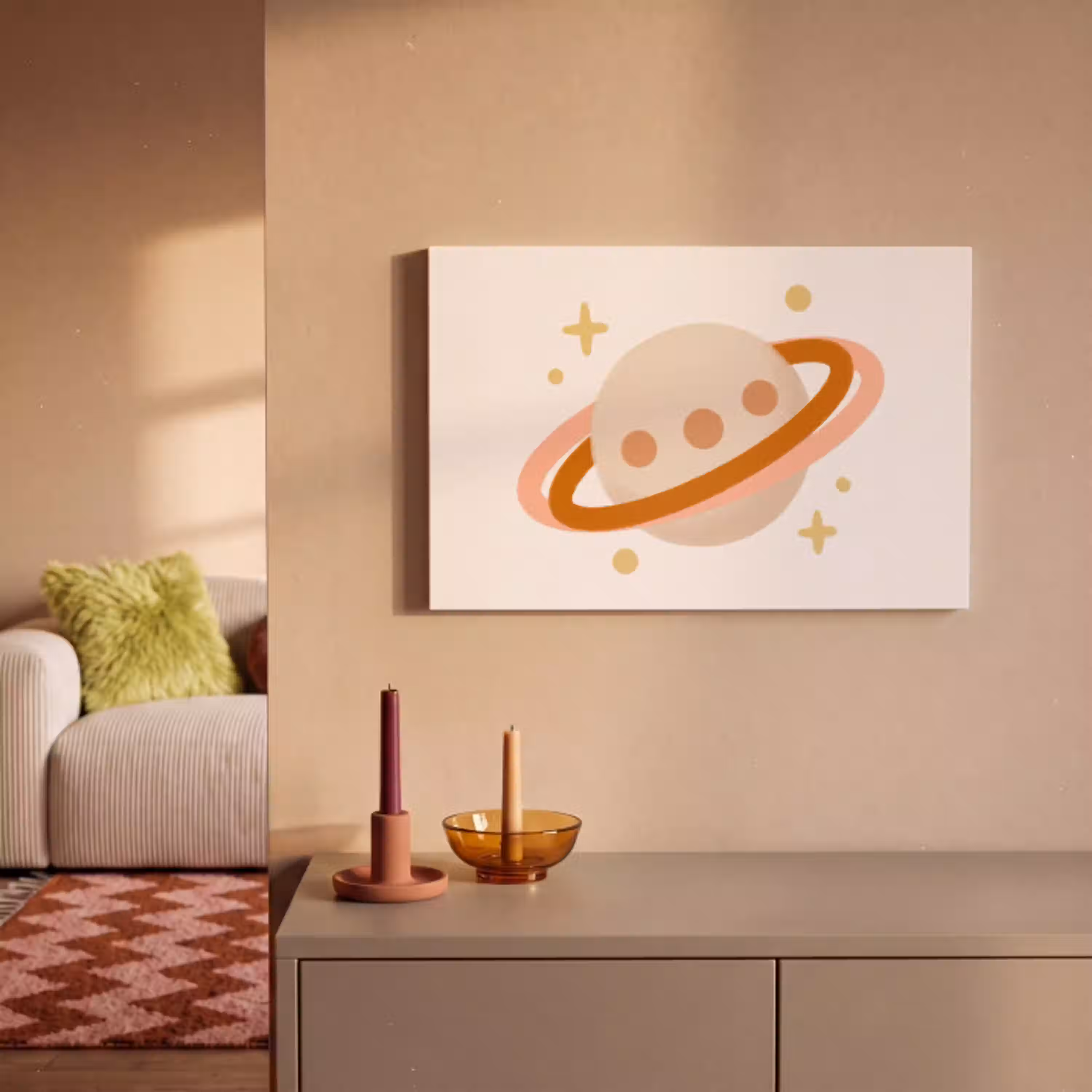 Planeet - Ringen - Ruimte - Illustratie - Beige canvas 2cm klein -sfeer1