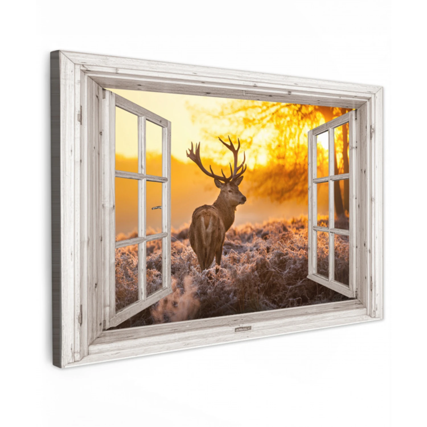 Hert - Herfst - Dieren - Natuur - Bos - Doorkijk Tuinposter op houten frame 2 cm dik klein -3d