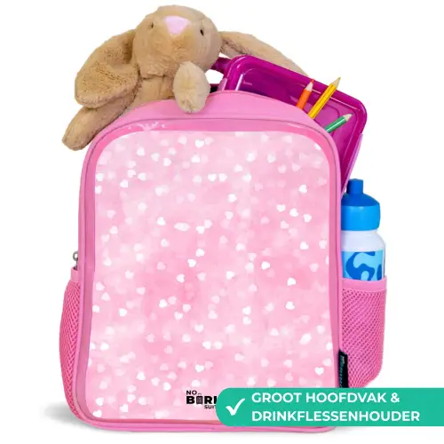 Roze glitter hartjes Kinderrugzak - Roze middel -inhoud_NL