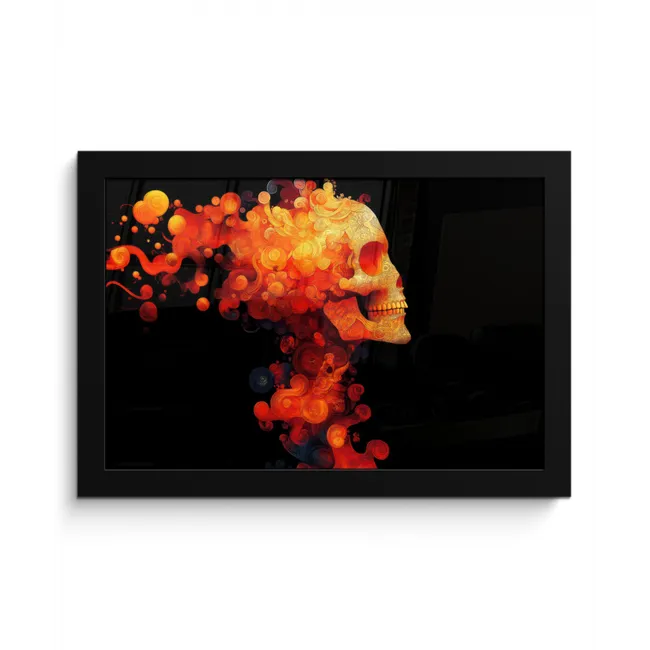 Schedel - Oranje - Zijaanzicht - Vlammen fotolijst zwart zonder passe partout klein -3d