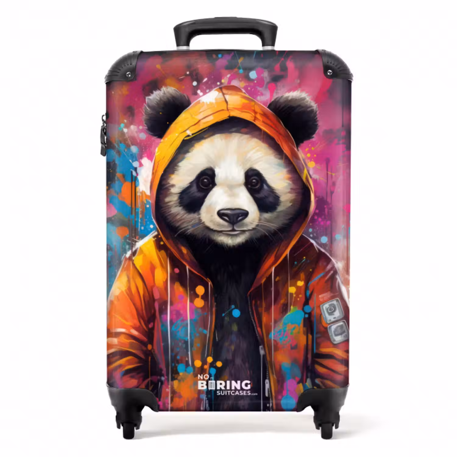 Suitcase - Panda with orange coat and paint splatter