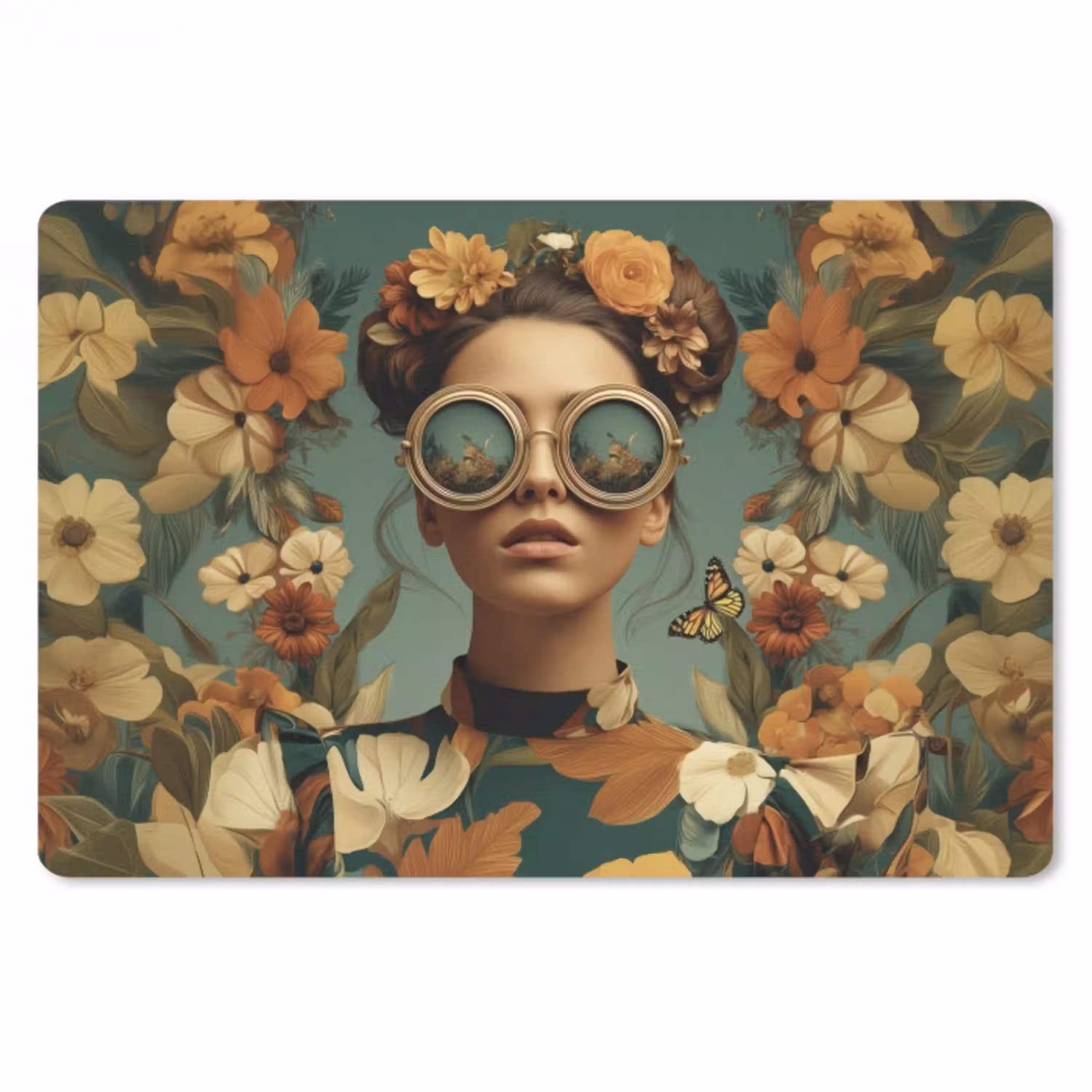 Bloemenkrans - Vrouwengezicht - Zonnebril - Oranje muismat rubber klein -3d