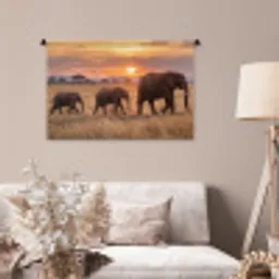 Olifanten - Savanne - Zonsondergang - Afrika - Warm Wandkleed katoen middel -sfeer4