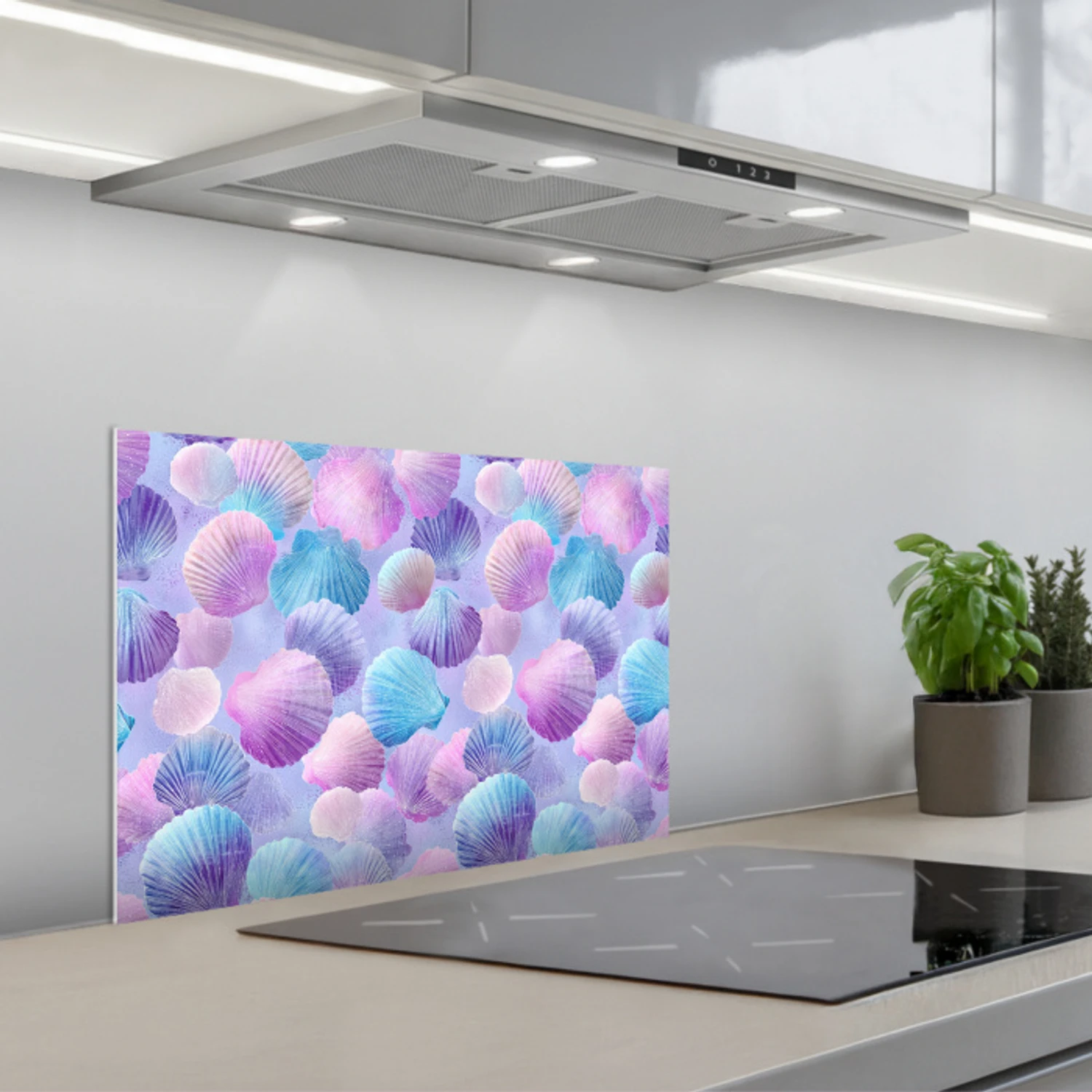 Schelpen - Paars - Blauw - Patroon keuken achterwand spatscherm klein -3d_schuin