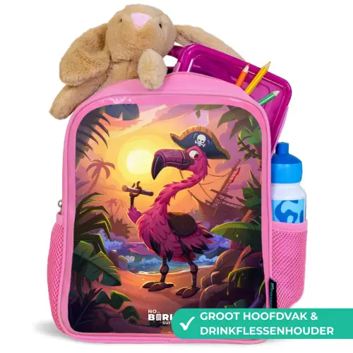 Piraten flamingo op een tropisch pad Kinderrugzak - Roze middel -inhoud_NL