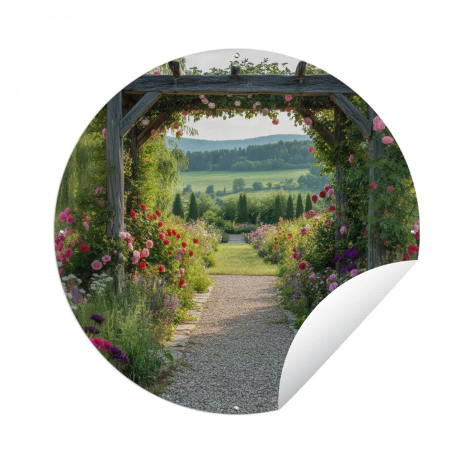 Doorkijk - Landschap - Natuur - Tuinboog - Bloemen Wandcirkel tuinposter met ringen klein -3d