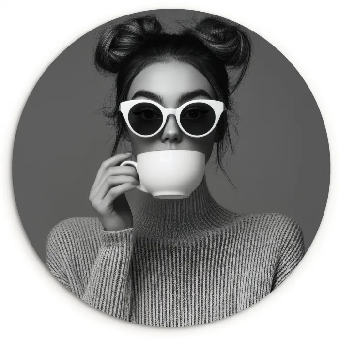 Vrouw - Koffie - Zwart - Wit Wandcirkel kunststof plaat 5mm dik klein -3d