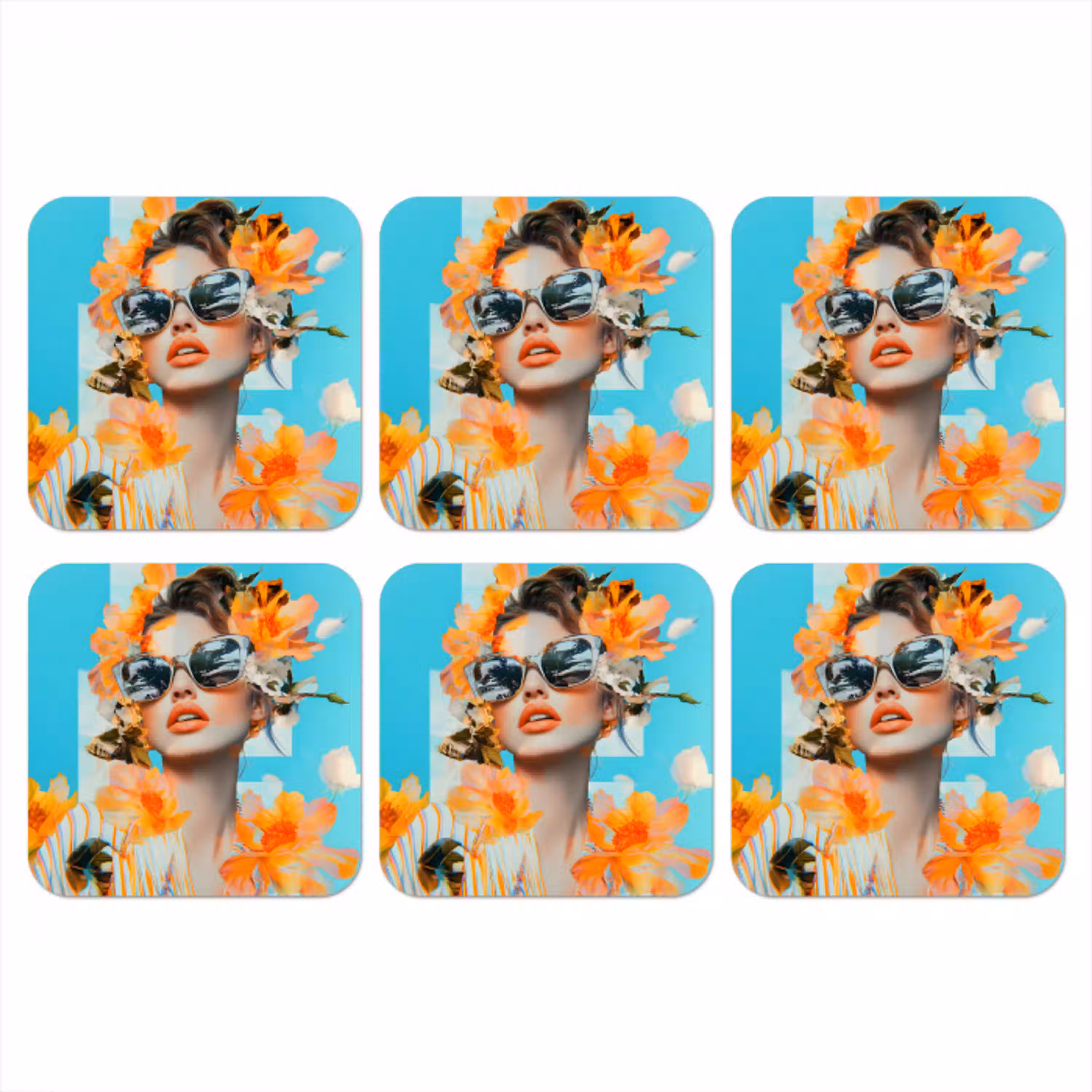 Bloemen - Vrouw - Zonnebril - Blauw onderzetter kurk middel -3d