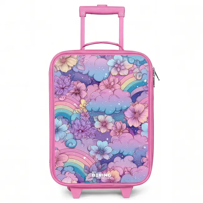Kids’ Suitcase - Pink - Illustration of clouds, rainbows and flowers