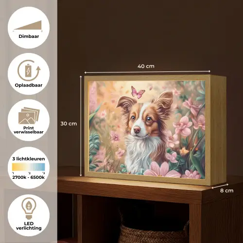 Hond - Bloemen - Roze Light Box met batterij (Wandlamp kind) middel -USP_websiteoverzichtNL
