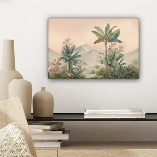 Tropisch landschap - palmbomen - Bloemen - Roze lucht canvas 2cm klein -sfeer6