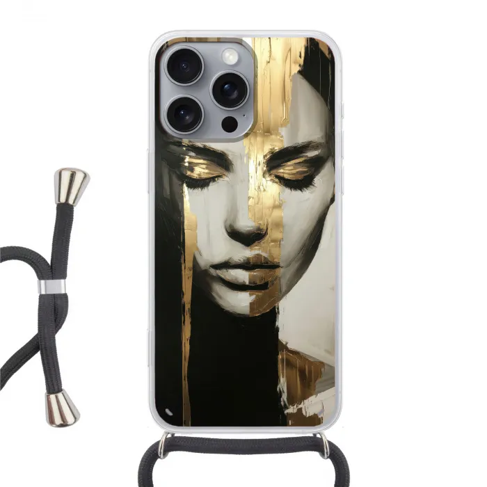 Ogen - Gezicht - Goud - Strepen Hoesje iPhone 16 Pro Max met koord klein -3d