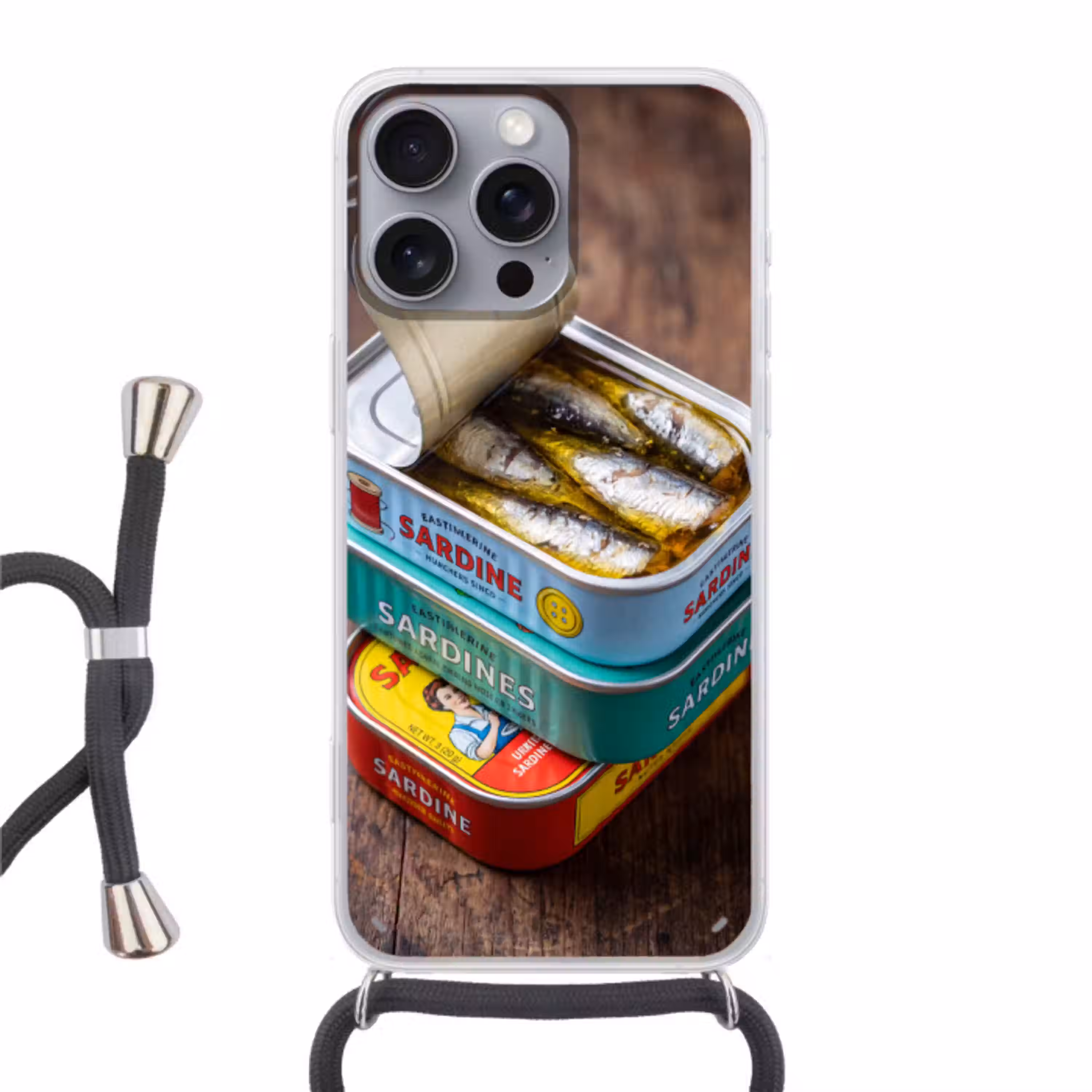 Vis - Blikjes - Keuken Hoesje iPhone 16 Pro Max met koord klein -3d