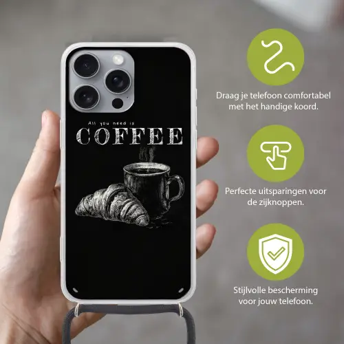 Koffie - Croissant - Tekst Hoesje iPhone 16 Pro Max met koord klein -sfeer2_NL