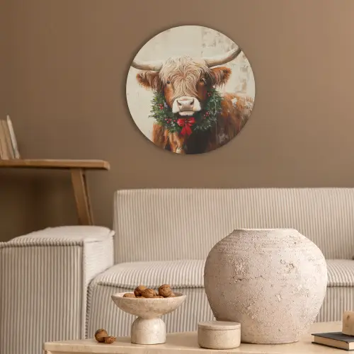 Kerst - Schotse Hooglander - Bruin - Krans Akoestische PET Vilt - Rond klein -sfeer1