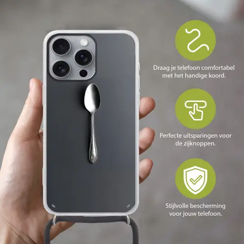 Zilver - Metaal - Lepel Hoesje iPhone 16 Pro Max met koord klein -sfeer2_NL