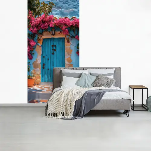 Deur - Hout - Bloemen - Blauw fotobehang vinyl groot -slaapkamer
