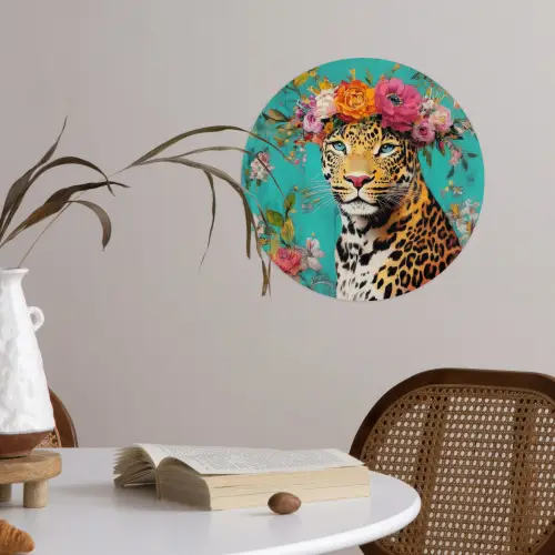 Luipaard - Bloemen - Kroon Wandcirkel behangsticker klein -sfeer3