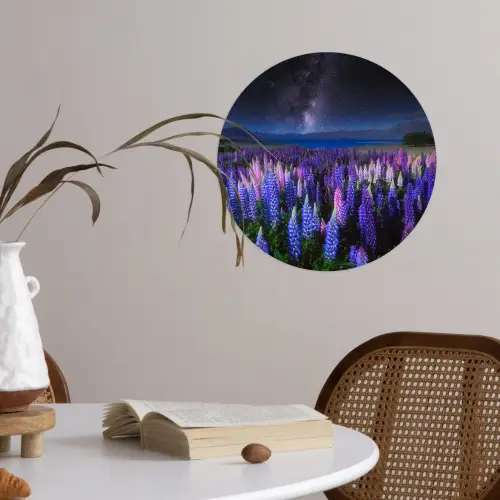 Bloemen - Nacht - Lupine - Sterrenhemel - Paars - Natuur Wandcirkel behangsticker klein -sfeer3