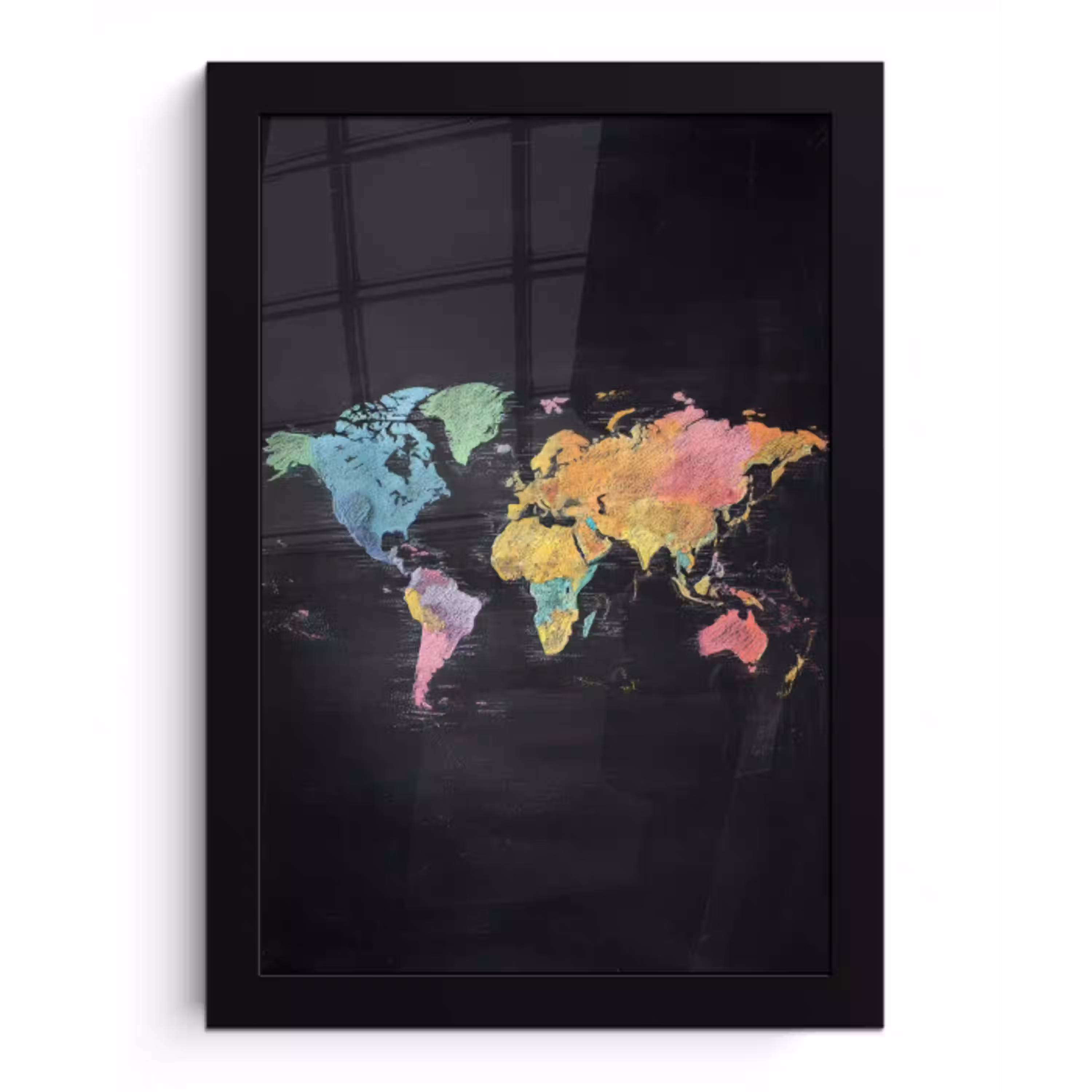 Wereldkaart - Krijtstrepen - Regenboog fotolijst zwart zonder passe partout klein -3d