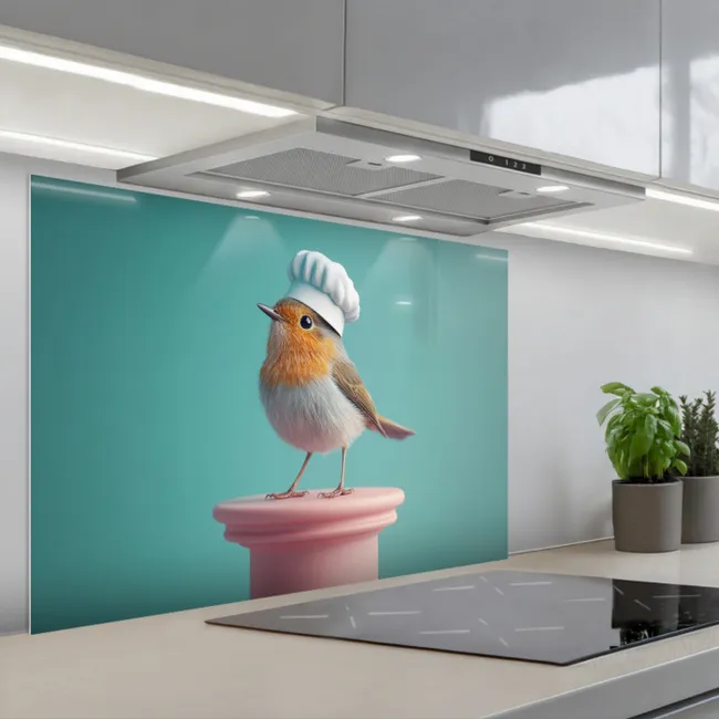 Spritzschutz Küche - Rotkehlchen - Vogel - Kochmütze - Sockel
