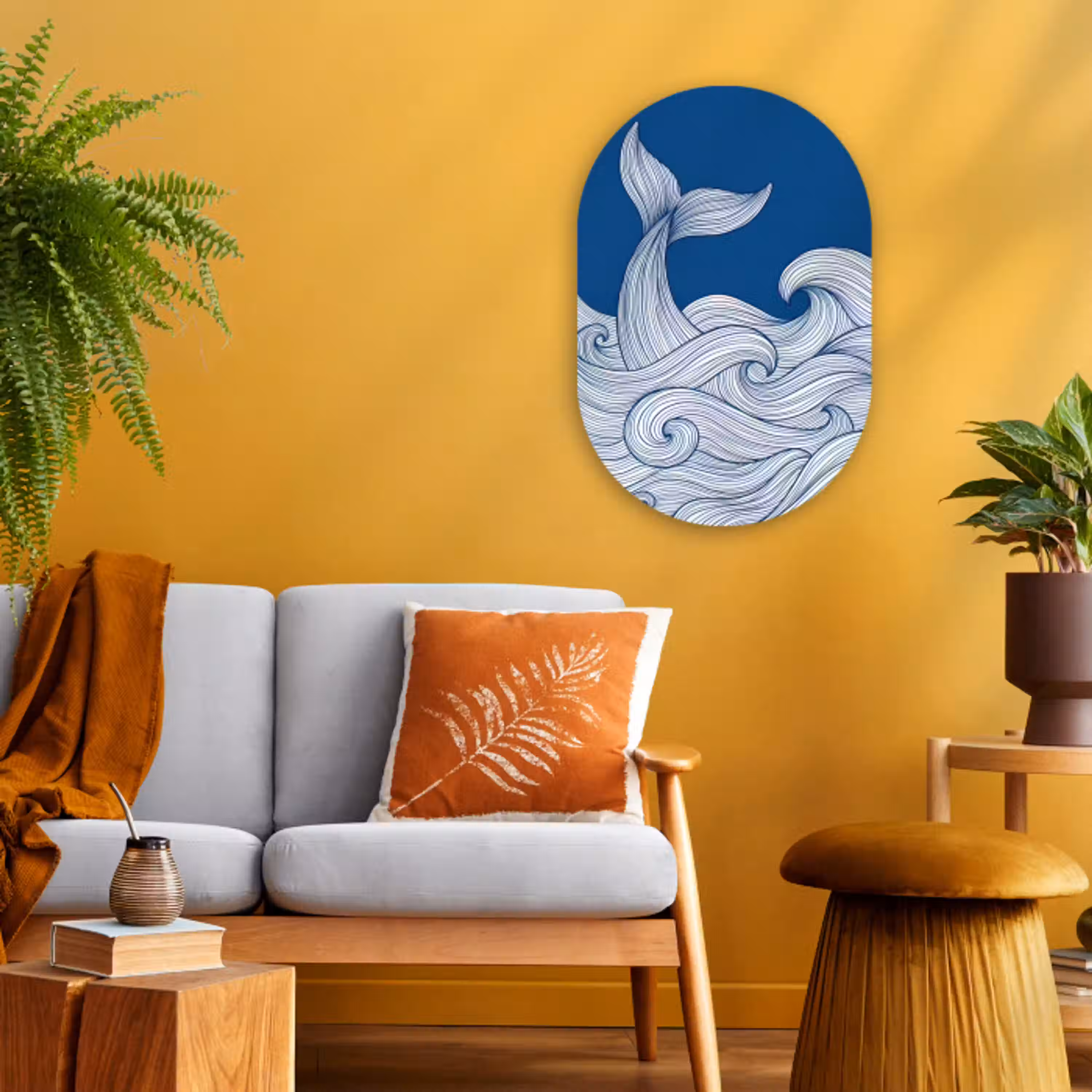 Walvis - Staart - Golven - Lijntekening - Blauw Wandcirkel Ovaal Forex klein -sfeer4