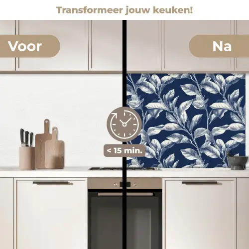 Botanisch - Patroon - Blauw keuken achterwand 2 middel 871 -voor-na2_NL