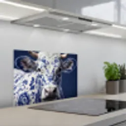 Koe - Delfts - Blauw - Artistiek keuken achterwand spatscherm klein -3d_schuin