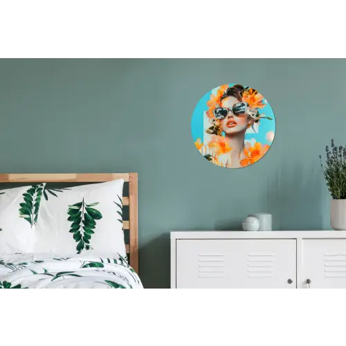 Bloemen - Vrouw - Zonnebril - Blauw Wandcirkel aluminium klein -slaapkamer