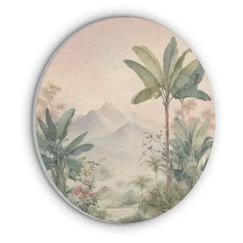Tropisch landschap - palmbomen - Bloemen - Roze lucht Akoestische PET Vilt - Rond klein -3d