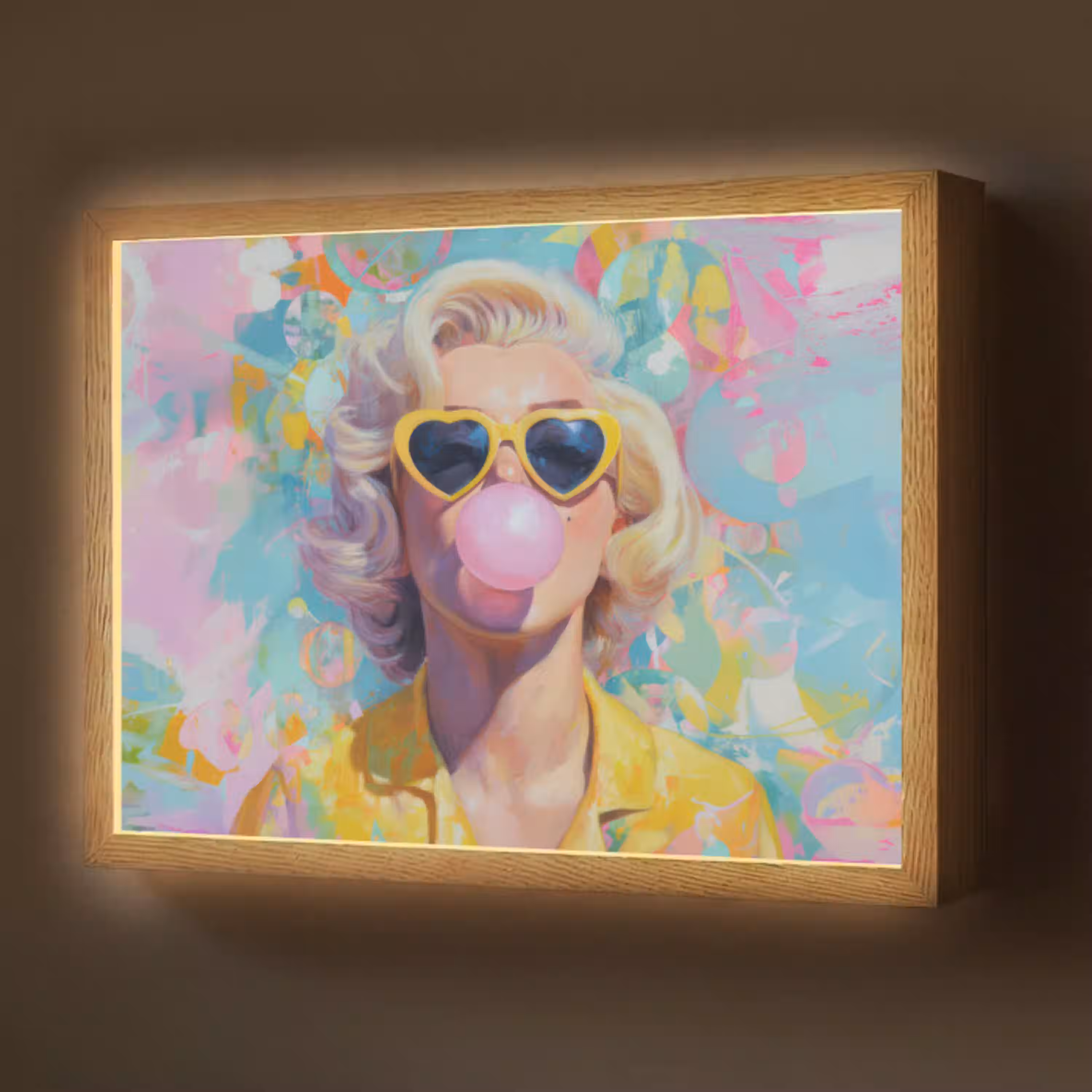 Vrouw - Blond - Roze kauwgom - Kleurrijk - Pastel Light Box met batterij (Wandlamp) middel -z3d_website