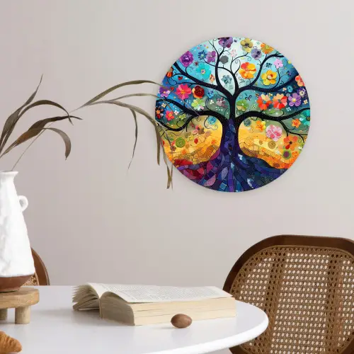 Kunst - Levensboom - Bloemen - Hippie Wandcirkel kunststof plaat 5mm dik klein -sfeer4