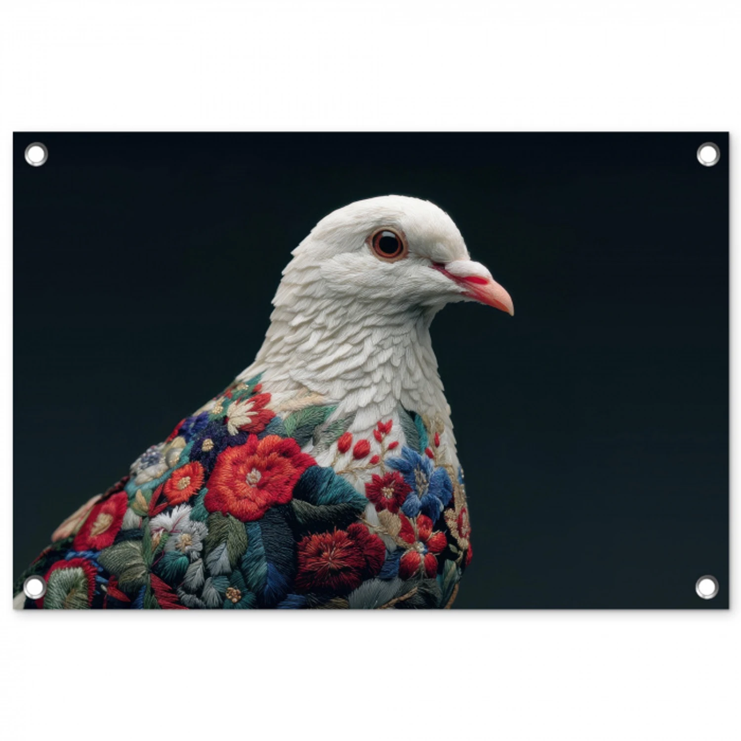 Duif - Bloemen - Wit - Zwart tuinposter los doek klein -3d